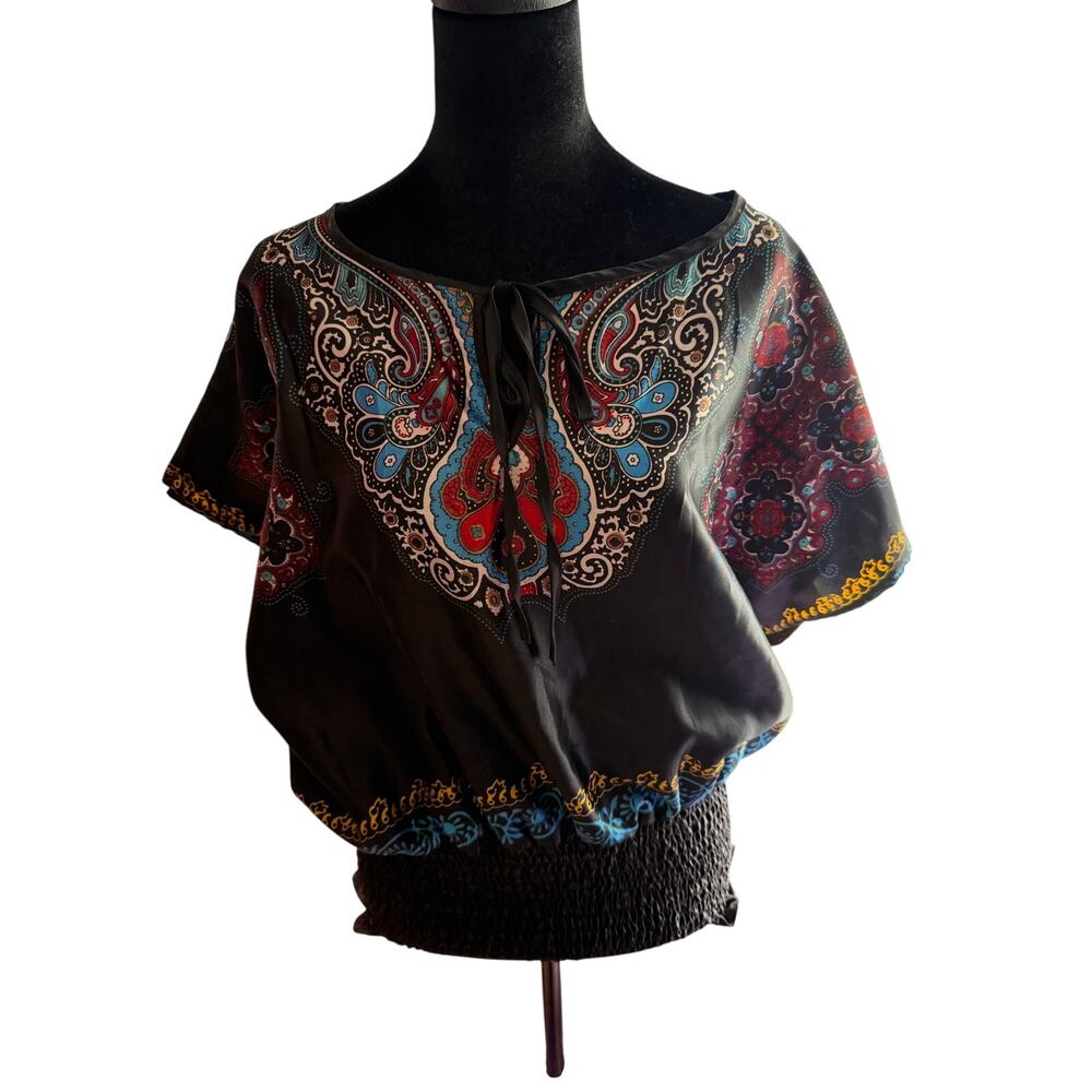 RETRO Brand Women's Plus Size 2X Paisley Boho Peasant Top Smocked Waist Black